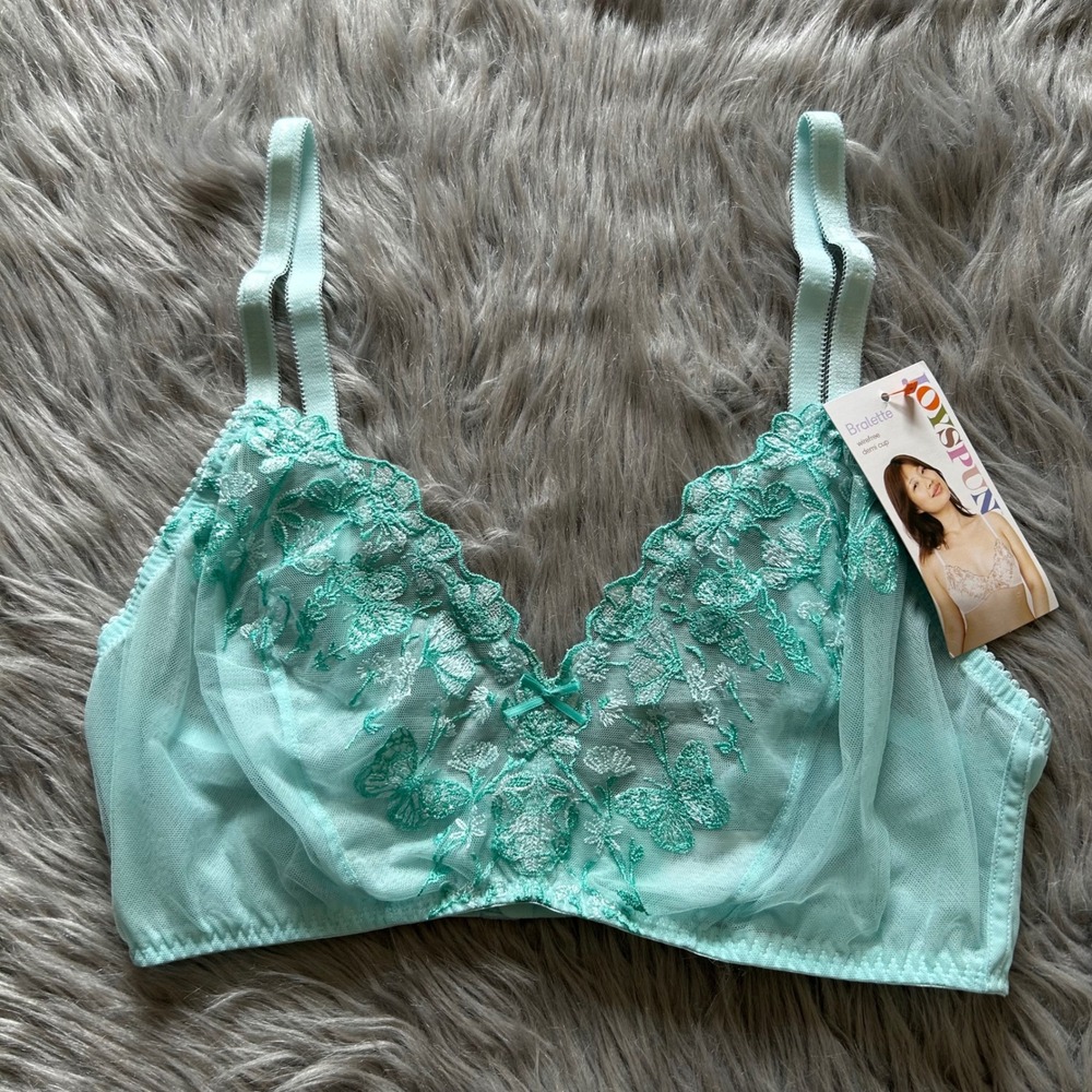 Joyspun Wireless Bralette Womens Size XL Blue Floral Lace Sheer Mesh Unlined Bra